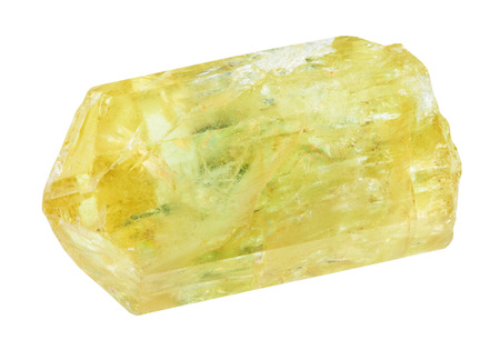 macro shooting of specimen of natural mineral - raw Yellow Apatite (Gold Apatite, Golden Apatite) crystal from Mexico isolated on white backgroundの写真素材