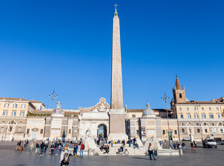 ROME, ITALY - NOVEMBER 1, 2016: tourist and Egyptian obelisk on Piazza del Popolo in Rome city. Square was designed in neoclassical style between 1811 and 1822.のeditorial素材