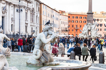 ROME, ITALY - NOVEMBER 1, 2016: statue of Fontana del Moro (Moor Fountain) on Piazza Navona in Rome city. Piazza Navona is significant example of Baroque Roman architecture in medieval part of cityのeditorial素材