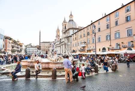 ROME, ITALY - NOVEMBER 1, 2016: view of Piazza Navona with tourists, church, fountain of neptune in Rome. Piazza Navona is significant example of Baroque Roman architecture in medieval part of cityのeditorial素材