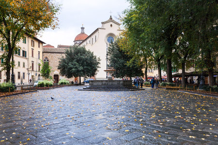 FLORENCE, ITALY - NOVEMBER 5, 2016: Piazza Santo Spirito with Basilica di Santo Spirito in Florence city in autumn. Church was built in the XV century by Filippo Brunelleschi projectのeditorial素材