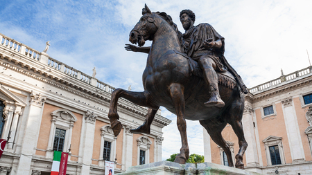 ROME, ITALY - DECEMBER 19, 2010: Equestrian Statue Marcus Aurelius on piazza del Campidoglio on Capitoline Hill in Rome city. This is replica of the original, that is displayed in Capitoline Museums.のeditorial素材