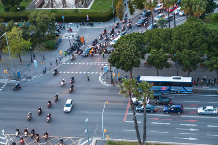 above view of car traffic on crossroad of Avinguda Diagonal in Barcelona city in eveningのeditorial素材