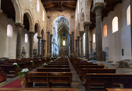 CEFALU, ITALY - JUNE 25, 2011: interior of Duomo di Cefalu in Sicily. Cathedral - Basilica of Cefalu was erected in 1131 in the Norman architectural styleのeditorial素材
