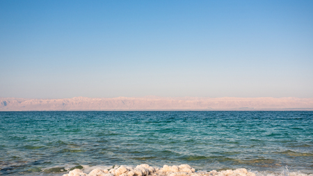 Travel to Middle East country Kingdom of Jordan - water surface of Dead Sea in sunny winter dayの写真素材