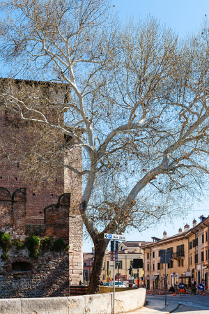 VERONA, ITALY - MARCH 27, 2017: view of Castelvecchio castle from Basilica di San Zeno in Verona city in spring. The Basilica was built over the burial place of Veronese bishop San Zenoのeditorial素材