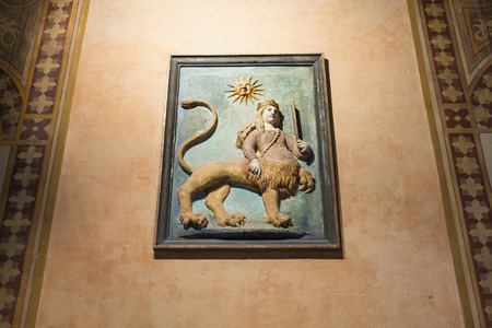 VERONA, ITALY - MARCH 29, 2017: medieval wall decor in Palazzo della Ragione the house of Modern Art Gallery Achille Forti (Galeria d'Arte Moderna) on Piazza delle Erbe in center of Verona cityのeditorial素材