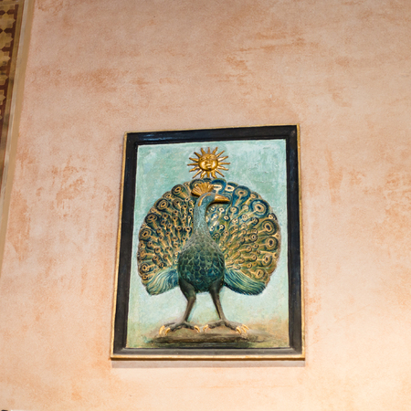 VERONA, ITALY - MARCH 29, 2017: medieval wall relief in Palazzo della Ragione the house of Modern Art Gallery Achille Forti (Galeria d'Arte Moderna) on Piazza delle Erbe in center of Verona cityのeditorial素材