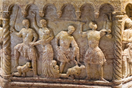 VERONA, ITALY - MARCH 27, 2017: decor of baptismal font in Verona Duomo Cathedral (Chiesa di San Giovanni in Fonte). The baptistery was built in the first half of the tenth century.のeditorial素材