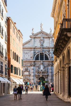 VENICE, ITALY - MARCH 30, 2017: people walk to Chiesa di San Moise (Basilica di San Moise Profeta) in Venice city. The church was built initially in the 8th century, it is dedicated to Mosesのeditorial素材