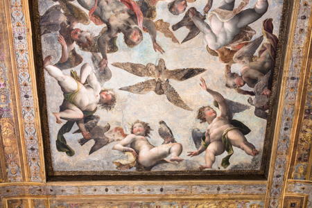 MANTUA, ITALY - MARCH 31, 2017: ceiling painting in Corte Vecchia of Ducal Palace Museum in Mantua city. Ducal Palace boasts more than 950 rooms and gardens, stores and cellars, courts and loggiasのeditorial素材