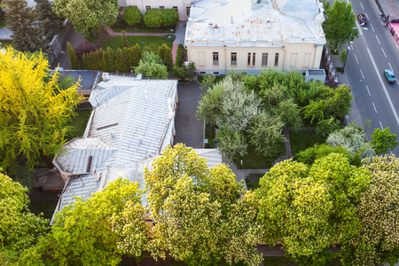 travel to Ukraine - above view old urban houses near hrushevskoho street in Kiev city in spring eveningの写真素材