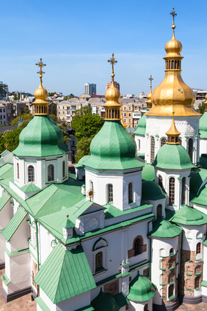 travel to Ukraine - above view of edifice of Saint Sophia (Holy Sophia, Hagia Sophia) Cathedral from bell tower in Kiev city in springのeditorial素材