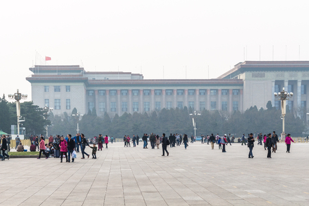 BEIJING, CHINA - MARCH 19, 2017: visitors and view of Great hall of The people on Tiananmen Square in spring. Tiananmen Square is central city square in Beijingのeditorial素材