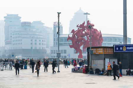 BEIJING, CHINA - MARCH 19, 2017: people on square of Beijing West Railway Station Road in morning. The terminal is it was the largest railway station in Asia with an area of 510000 sq mのeditorial素材