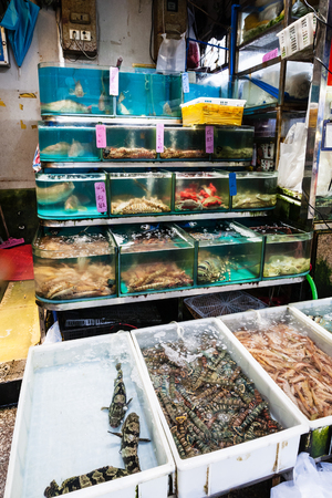 GUANGZHOU, CHINA - MARCH 31, 2107: aquariums and boxes with seafood on Huangsha Aquatic Product Trading Market in Guangzhou city. This is the largest fresh water fish market in Southern Chinaのeditorial素材