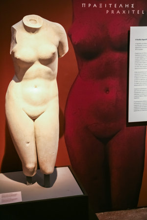 ATHENS, GREECE - SEPTEMBER 12, 2007: exhibition of Praxiteles statues in National Archaeological Museum. The museum is house some of the important artifacts from archaeological locations around Greeceのeditorial素材