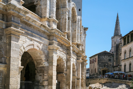 Travel to Provence, France - walls of Arenes d'Arles (Roman Amphitheater) in Arles city Travel to Provence, France - walls of Arenes d'Arles (Roman Amphitheater) in Arles city