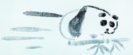 training drawing in suibokuga style with watercolor paints - sketch of panda on blue colored paperの写真素材