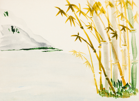 training drawing in suibokuga style with watercolor paints - landscape with bamboo grove and mountain on ivory colored paperの写真素材
