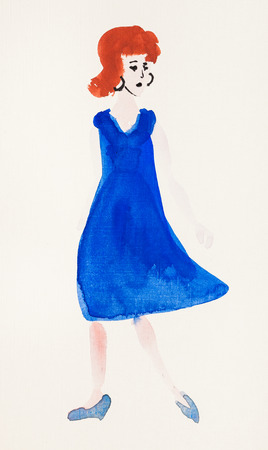 training drawing in suibokuga style with watercolor paints - Woman in blue dress and blue shoes on paperの写真素材