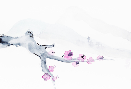 training drawing in suibokuga style with watercolor paints - branch of sacura tree and mountain landscape on white paperの写真素材