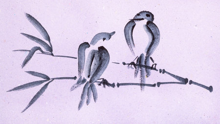 training drawing in suibokuga style with watercolor paints - sketches of birds on twig on pink colored paperの写真素材