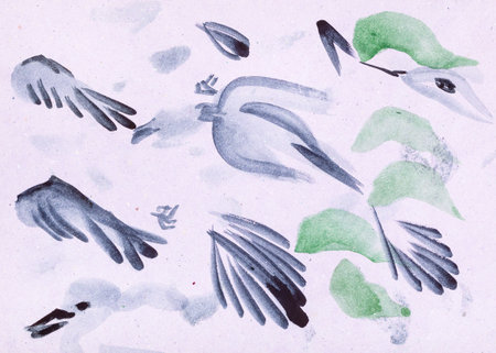 training drawing in suibokuga style with watercolor paints - brushstrokes for birds on pink colored...