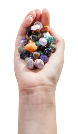 above view of palm with various gemstones isolated on white backgroundの写真素材