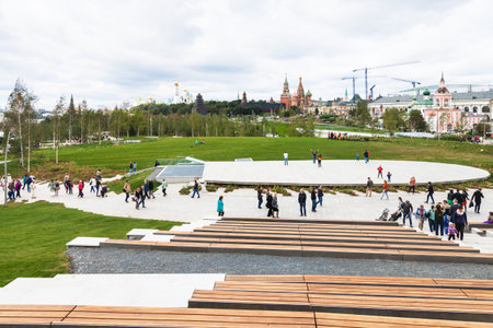 MOSCOW, RUSSIA - SEPTEMBER 16, 2017: people in philharmonic amphitheater in Zaryadye park and view...