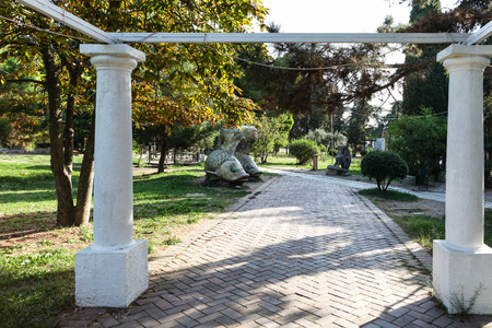 ALUSHTA, CRIMEA - SEPTEMBER 21, 2017: sculptures in green urban park on embankment of Lenin Street in Alushta city in morning. Alushta is seaside resort town on southern coast of the Crimean peninsulaのeditorial素材