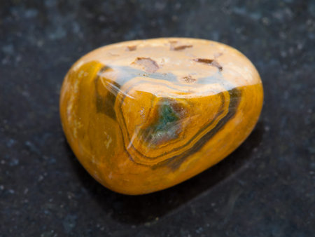 macro shooting of natural mineral rock specimen - tumbled Leopard Skin Jasper gemstone on dark...