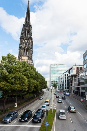HAMBURG, GERMANY - SEPTEMBER 15, 2017: St Nicholas church near Willy-Brandt-Strasse. The church was the tallest building in the world in 1874-1876, and now it is second-tallest structure in cityのeditorial素材