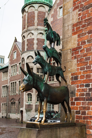 BREMEN, GERMANY - SEPTEMBER 16, 2017: bronze figure of Bremen Town Musicians in Bremen city in autumn. The statue was erected in 1953 by sculptor Gerhard Marcksのeditorial素材