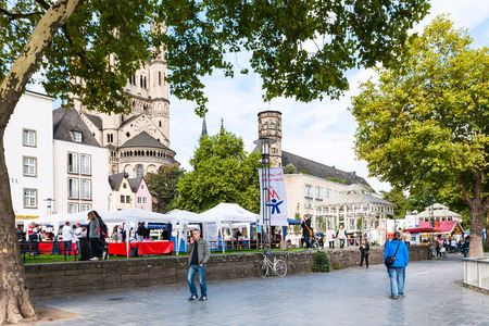 COLOGNE, GERMANY - SEPTEMBER 17, 2017: tourists on outdoor market in Frankenwerft area of Cologne. Cologne is fourth populated city in Germany, it is located within the Rhine-Ruhr metropolitan regionのeditorial素材