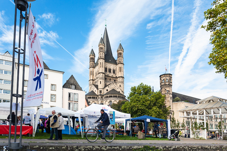 COLOGNE, GERMANY - SEPTEMBER 17, 2017: people on street market in Frankenwerft area of Cologne. Cologne is fourth populated city in Germany, it is located within the Rhine-Ruhr metropolitan regionのeditorial素材
