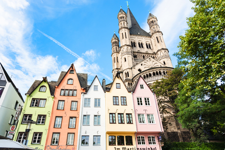 COLOGNE, GERMANY - SEPTEMBER 17, 2017: medieval houses on Fischmarkt area and Great St Martin Church in Cologne city. First Fish Market between Lintgasse and Muhlengasse goes back to 1100 yearsのeditorial素材
