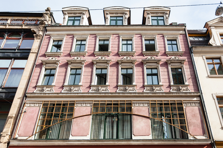 travel to Poland - facade of old residential house on Ruska street in Wroclaw city in septemberのeditorial素材