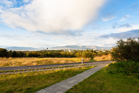 travel to Iceland - roads at Oskjuhlid Hill and view of Reykjavik city in september eveningの写真素材