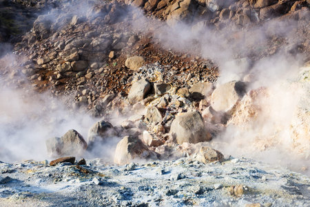 travel to Iceland - acidic mudpot in geothermal Krysuvik area on Southern Peninsula (Reykjanesskagi, Reykjanes Peninsula) in septemberの写真素材