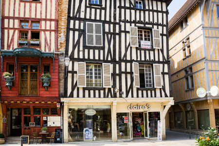 TROYES, FRANCE - JUNE 29, 2010: old half-timbered houses on Rue Emile Zola in Troyes city. Troyes is the capital of the Aube department in Champagne region of Northern Franceのeditorial素材