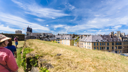 SEDAN, FRANCE - JUNE 30, 2010: visitors view town from rampart of castle Chateau de Sedan in summer day. Sedan is a commune in Ardennes department, the castle began to be built in 1424のeditorial素材