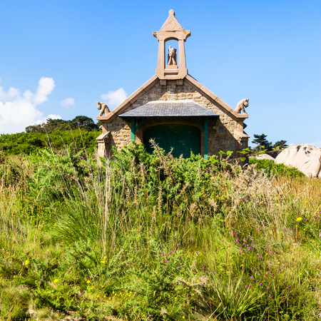 PERROS-GUIREC, FRANCE - JULY 3, 2010: facade of old breton stone house in celtic style in Ploumanac'h site of Perros-Guirec commune on Pink Granite Coast of Cotes-d'Armor department of Brittanyのeditorial素材