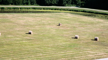 country landscape - above view of groomed lawn with grass bales in Val de Loire region of France in summer dayの写真素材