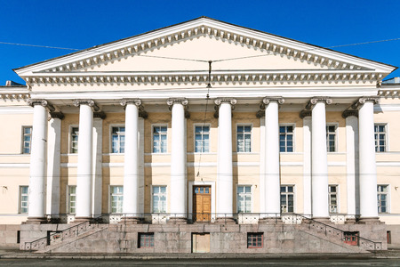 facade of building of Saint Petersburg Russian Academy of Sciences on Universitetskaya Embankment of Vasilievsky Island in St Petersburg cityのeditorial素材