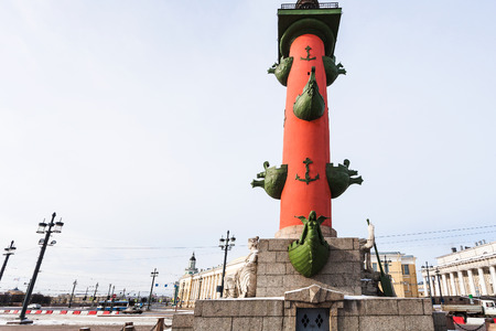view of Rostral Column on Birzhevaya Ploschad in St Petersburg city in springのeditorial素材
