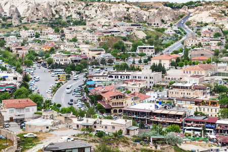 GOREME, TURKEY - MAY 5, 2018: above view of modern residential district in Goreme town in spring. Goreme is town in Cappadocia, in the Nevsehir Province in Central Anatolia of Turkeyのeditorial素材