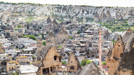 GOREME, TURKEY - MAY 5, 2018: skyline of Goreme city in spring. Goreme is town in Cappadocia, in the Nevsehir Province in Central Anatolia of Turkeyのeditorial素材