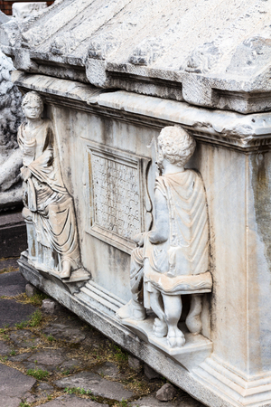 KONYA, TURKEY - MAY 7, 2018: sculptures on ancient sarcophagus on outdoor yard of Konya Archaeological Museum. The Gallery is a state museum, it was established in 1901, its present location from 1962のeditorial素材