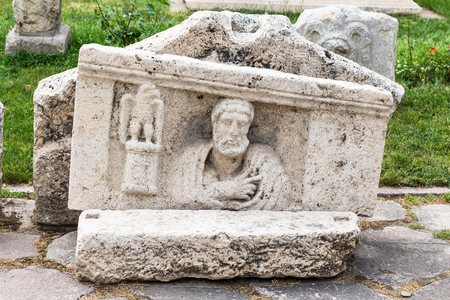 KONYA, TURKEY - MAY 7, 2018: detail of ancient sarcophagus on outdoor yard of Konya Archaeological Museum. The Gallery is a state museum, it was established in 1901, its present location from 1962のeditorial素材